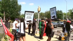 Protestors staged a demonstration outside of Sesame Place Philadelphia urging parent boycott the theme park after allegations of racism when two Black girls were ignored by a "Rosita" character. (Credit: CBS3 Philly/YouTube)