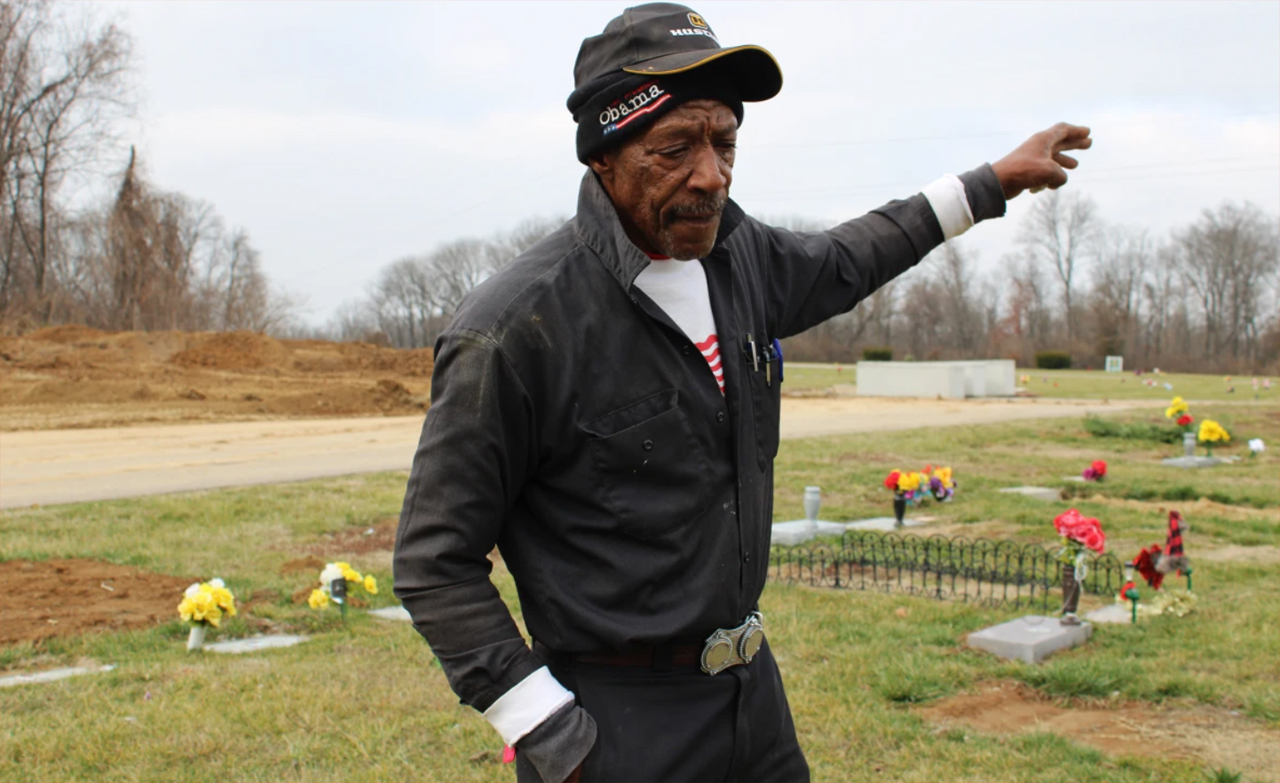 In 2019, Johnnie Haire broke ground on a new section of the Sunset Gardens of Memory cemetery in Millstadt, Illinois, to create the “Garden of Grace,” which includes teenagers and young adults, many of whom were victims of gun violence. (Credit: Cara Anthony/KHN)