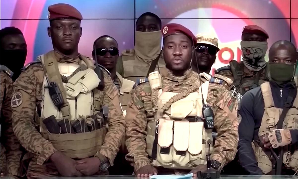 A militant group on national state television Friday, Sept. 30 after mounting a coup in Burkina Faso. (Source: Screenshot - YouTube)