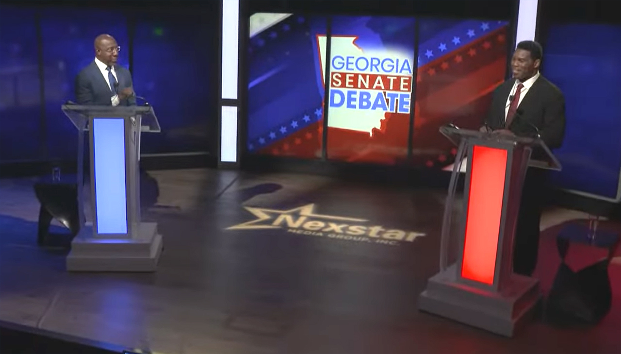 Sen. Raphael Warnock debates his U.S. Senate challenger Herschel Walker in Savannah Georgia on Oct. 14, 2022. (Source: Screenshot Fox 5 Atlanta/YouTube)
