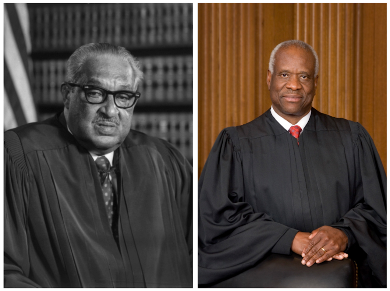 Thurgood Marshall, left, had a very different view of the purpose of the Supreme Court than his successor, Clarence Thomas. (Source: U.S. Supreme Court via Wikimedia Commons)