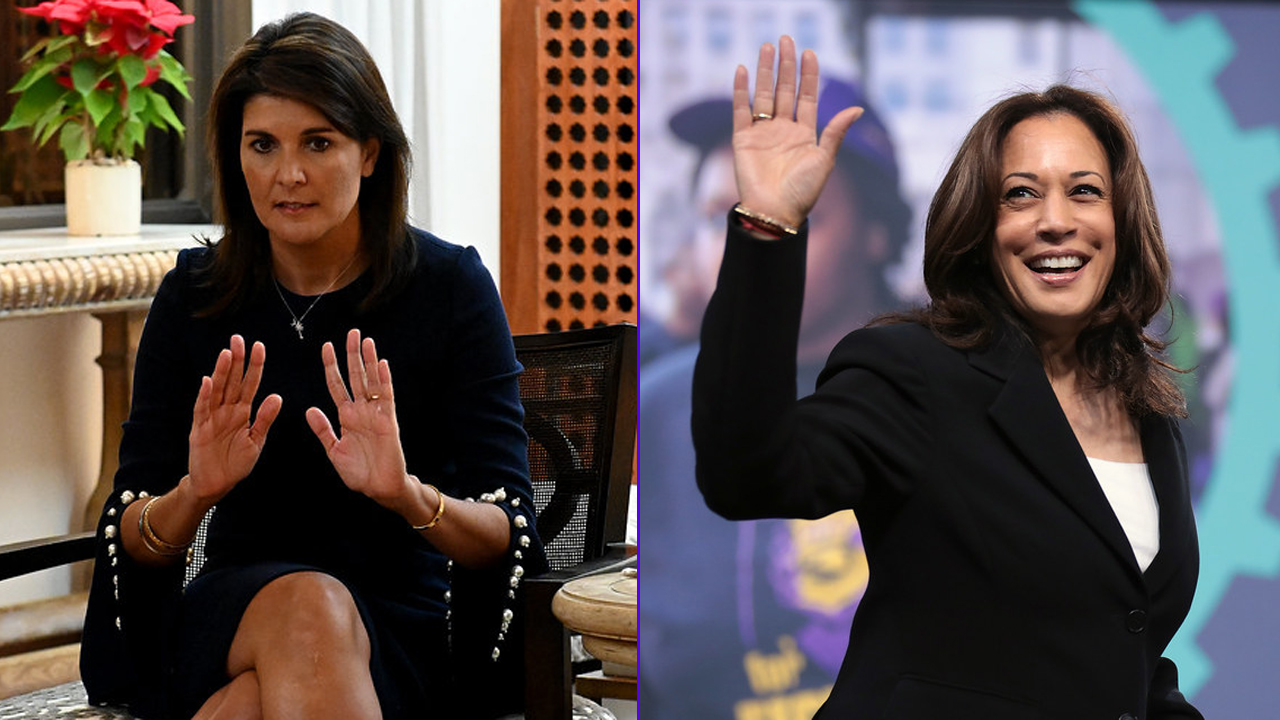 Then United States Ambassador to the United Nations Nikki Haley at the CMR 2020 in Israel. (Left) (Credit: U.S. Embassy Jerusalem - Licensed under CC BY 2.0.) Then-U.S. Senator Kamala Harris at the 2019 National Forum on Wages and Working People. (Credit: Gage Skidmore - Licensed under CC BY-SA 2.0.)