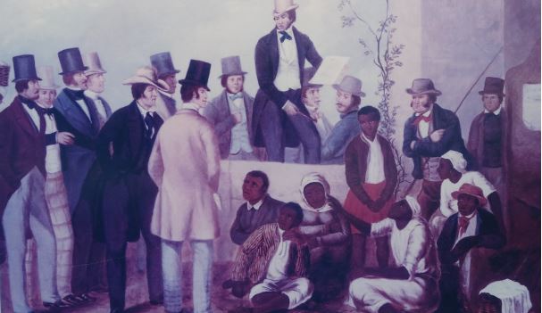 "An America Slave Market lithograph 1852 from Chickamauga Civil War Battlefield museum." by denisbin is licensed under CC BY-ND 2.0.