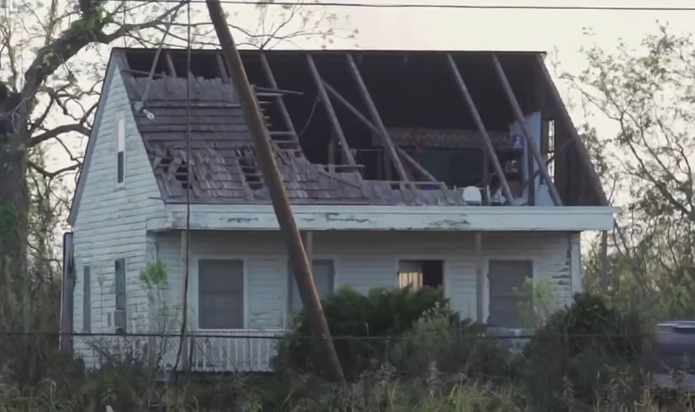 One of the thousands of homes in the coastal parishes of Louisiana that were damaged by Hurricane Ida in 2022. (Credit: Screenshot - PBS NewsHour)