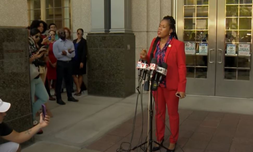 Monique Worrell speaks at a press conference in Florida after Gov. Ron DeSantis suspended Worrell from her post as a state attorney in August 2023. (Source: Screenshot - WKMG News 6/YouTube)
