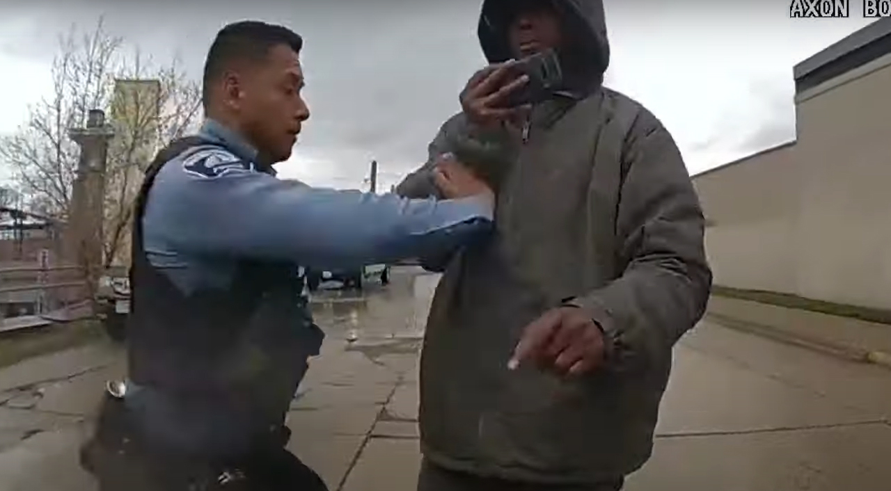 Police body camera video shows a Minneapolis police officer push Said Abdullahi during an incident on April 22, 2022. Abdullahi filed a federal civil rights lawsuit on Tuesday, Nov. 21, 2023 against the City of Minneapolis and Minneapolis police officers Daniel Barlow and Sergio Villegas. (Source: Screenshot)