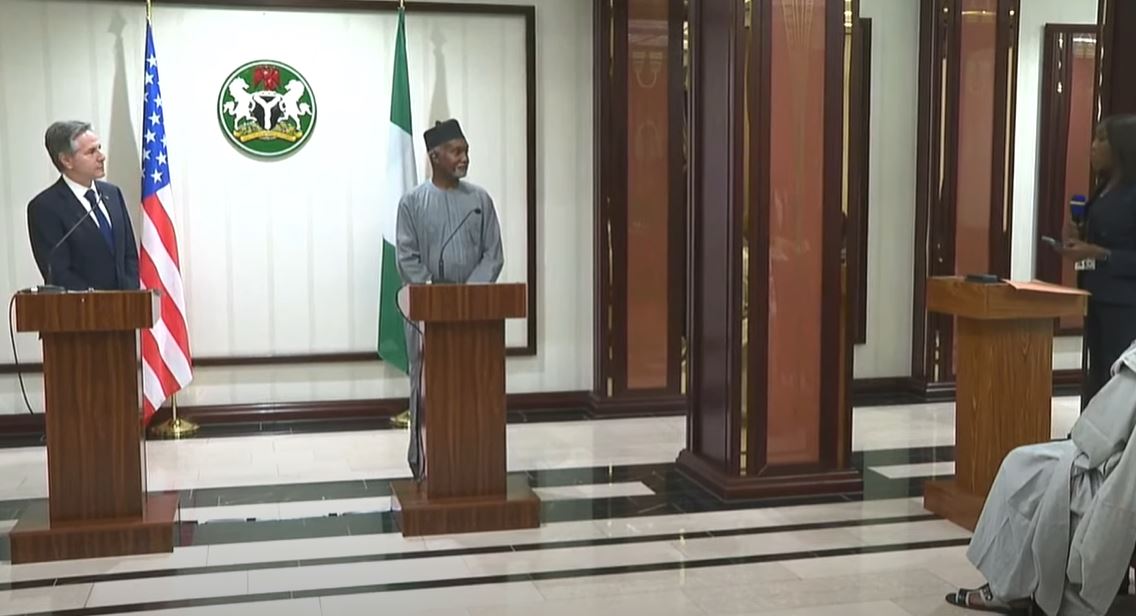 U.S. Secretary of State Antony Blinken attends a joint press conference with Nigerian Foreign Minister Yusuf Maitama Tuggar on Tuesday, Jan. 23, 2024 in Abuja. Nigeria is one of four West African countries Blinken is expected to this week. (Source: Screenshot - US Secretary of State/YouTube)