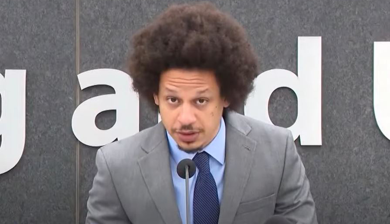 At a press conference in 2022, comedian Eric Andre alleges he was racially profiled by Clayton County Police during a layover at Hartsfield-Jackson Atlanta International Airport in Atlanta, Georgia in 2020. (Source: Screenshot - 11Alive)