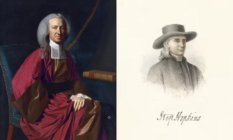 Martin Howard, left, and Stephen Hopkins came to opposing conclusions about their colonial British identities. Howard: John Singleton Copley via Wikimedia Commons; Hopkins: New York Public Library, CC BY-SA