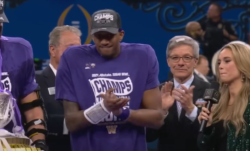 Michael Penix Jr. celebrates during an interview after the Washington Huskies defeated Texas 37-31 in the Sugar Bowl on Monday, Jan. 1, 2024 to advance to the playoffs. (Source: Screenshot - ESPN)