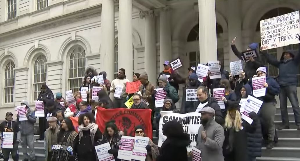 Advocates of the How Many Stops Act, a controversial bill that would require NYPD officers record information about the individuals they stop, including race, rally outside New York City Hall. The measure was passed by New York City Council on Tuesday, Jan. 30, 2024. (Source: Screenshot - CBS New York)