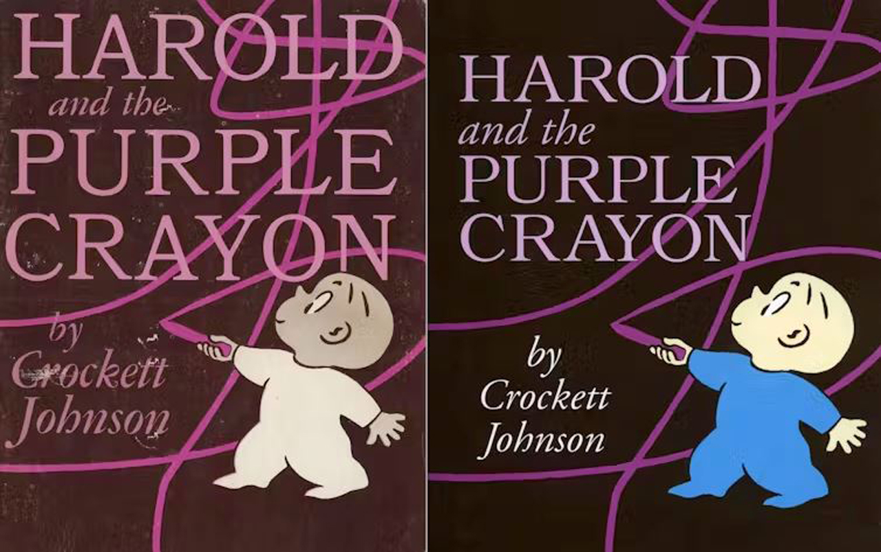 When HarperCollins reissued the book in 1998, there were a couple of updates to the new cover, pictured on the right: Harold wore a light blue jumper, and his skin became lighter. Both covers reproduced courtesy of The Ruth Krauss Foundation, Inc., CC BY-SA.