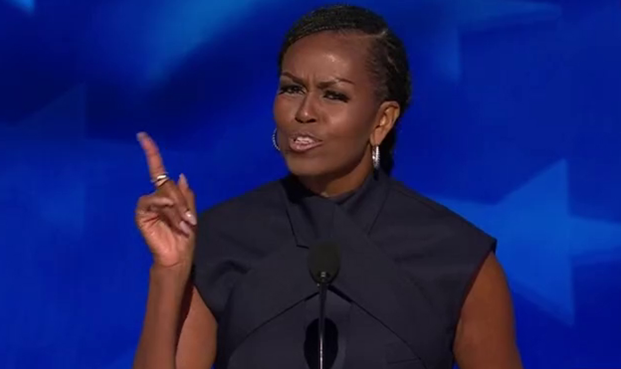 Former First Lady Michelle Obama criticizes former President Donald Trump for racist rhetoric during her speech at the 2024 Democratic National Convention on Tuesday, Aug. 21, 2024. (Source: Screenshot - C-SPAN)