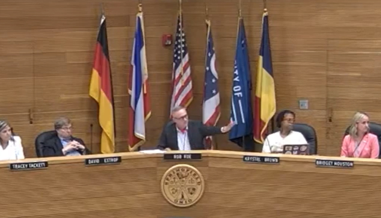 Rob Rue, mayor of Springfield, Ohio instructs police to remove a self-proclaimed Nazi group leader during a city commission meeting on Tuesday, Aug. 28, 2024. (Source: Screenshot - City of Springfield, Ohio)