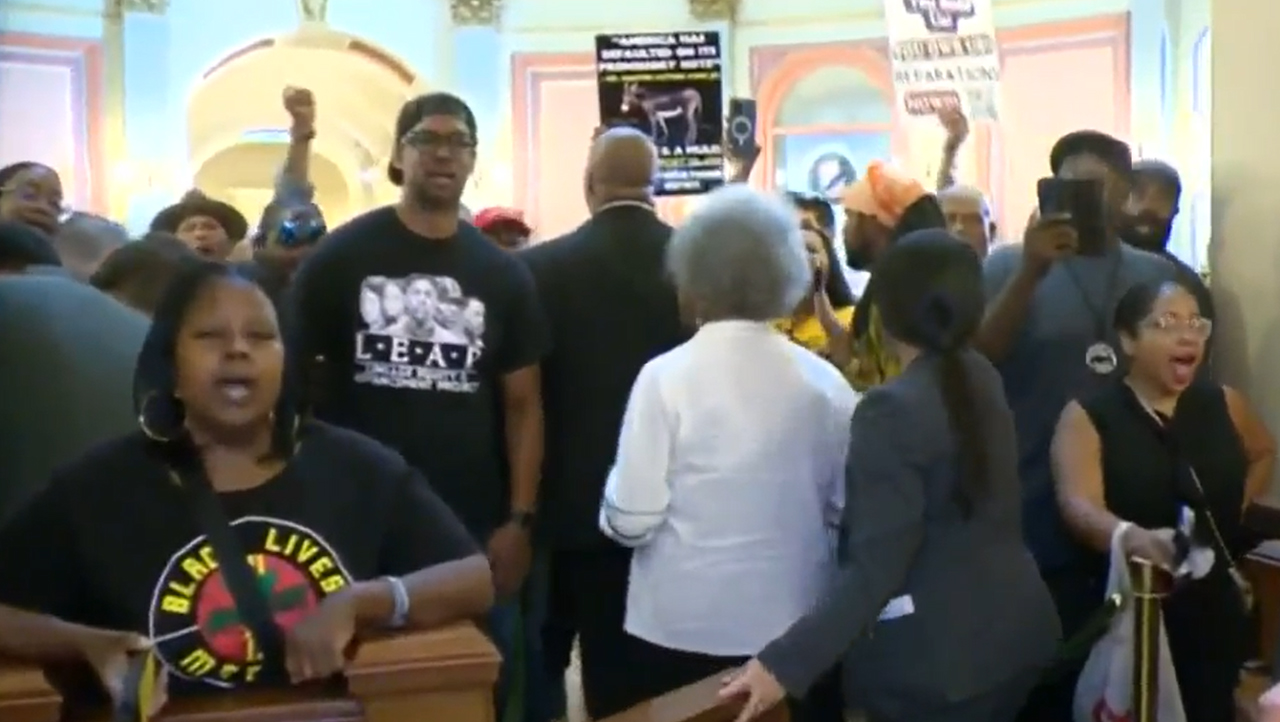 Protests erupted at the California capitol on Saturday, Sept. 1, 2024 after the California Legislative Black Caucus blocked the Assembly from voting on two bills that were part of a package that would have addressed reparations from slavery and racism in California's history. (Source: Screenshot - KCRA)